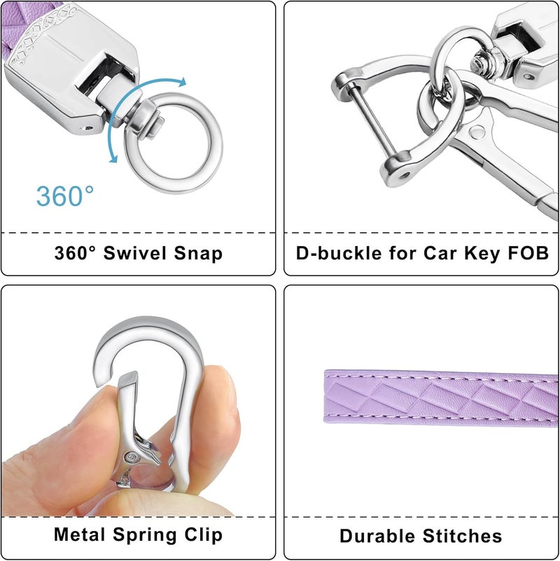 OHKYOOT Store Leather Wristlet Keychain,Car Key Chain Wrist Keychain with 3 Key Ring and Anti-Lost D Ring (Purple) - Image 2